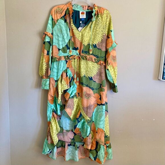 NEW Farm Rio Anthropologie Long Sleeve Floral Midi Dress Beaded Tassel Size XS - Picture 7 of 16